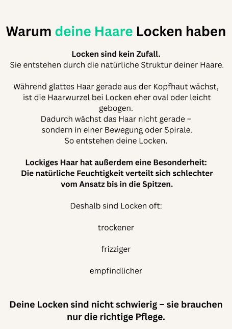 Text über die besondere Pflege von Locken und deren natürliche Schönheit.