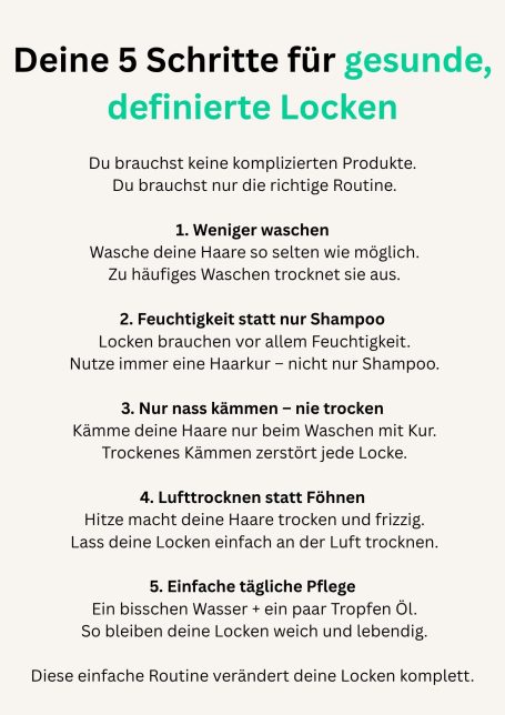 Liste mit fünf Schritten für gesunde, definierte Locken und Pflegetipps.